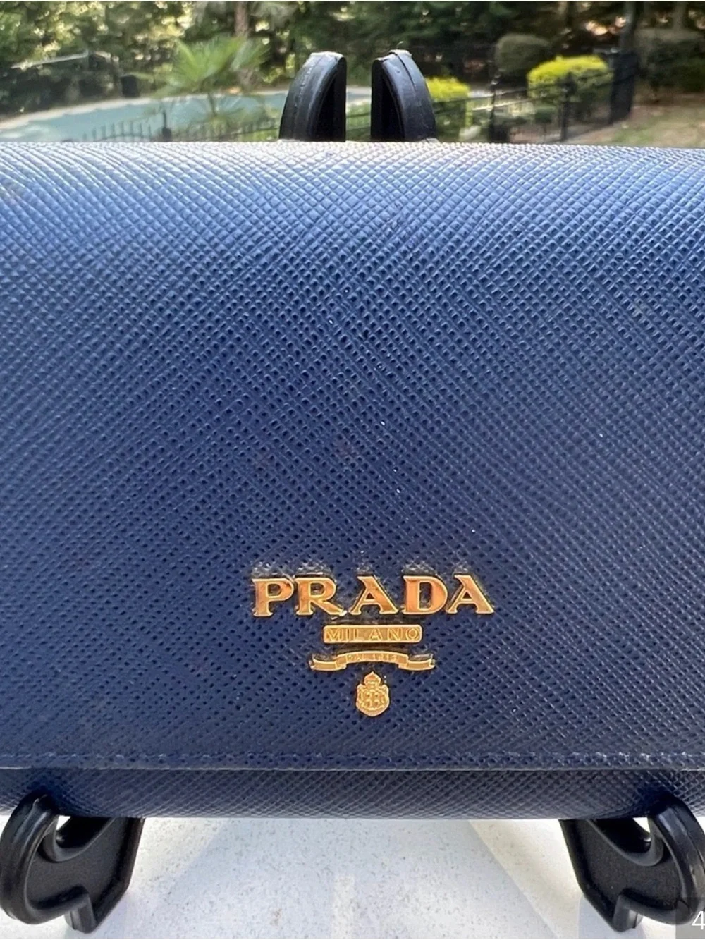 Prada Navy Saffiano Leather Continental Wallet with Gold Logo and COA